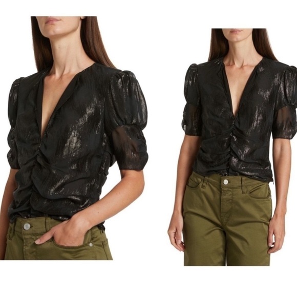 FRAME DENIM Ruched Metallic Jacquard Ruched Puff Short Sleeve Keyhole Blouse Top - Picture 1 of 11